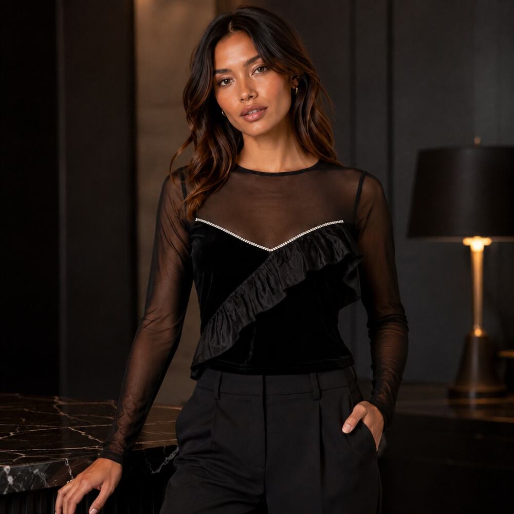 Saylor Dasha Black Velvet Mesh Top XS Rhinestone Ruffle Long Sleeves NWT